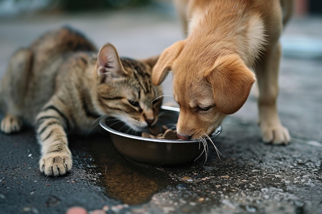 un cane e due gattini che mangiano da una ciotola