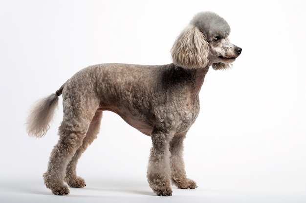 Un cane è in piedi davanti a uno sfondo bianco.