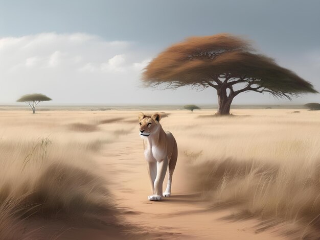 un cane è in piedi nel mezzo di un campo con un albero sullo sfondo
