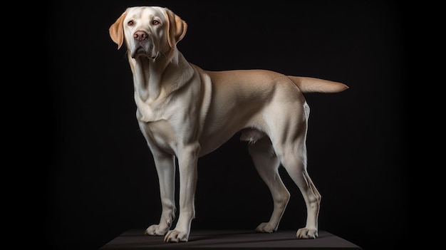 Un cane è in piedi su uno sfondo nero