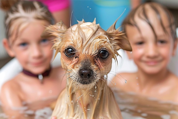 Un cane è in una vasca da bagno con due bambini