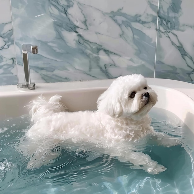 un cane è in una vasca da bagno con un rubinetto d'acqua