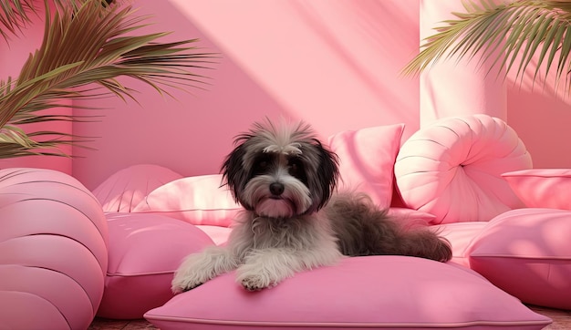 un cane è sdraiato su un cuscino rosa nello stile del salon kei