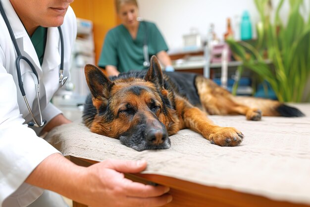 Un cane è sdraiato su un tavolo in una clinica veterinaria