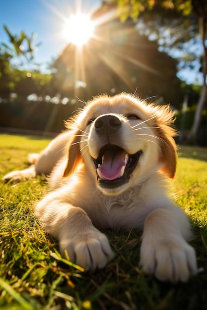 un cane è sdraiato sull'erba con il sole che splende attraverso gli alberi