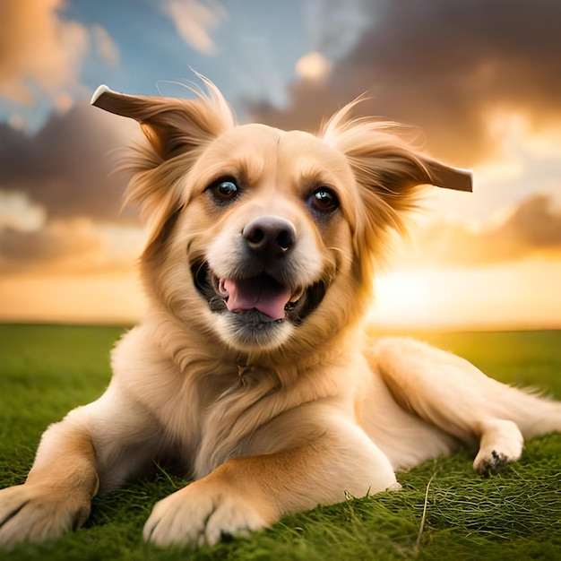 Un cane è sdraiato sull'erba con le orecchie che sventolano al vento.