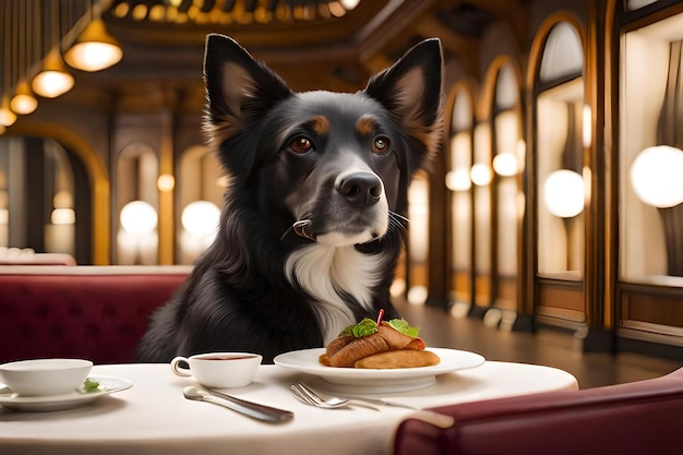 Un cane è seduto a un tavolo con un piatto di cibo e un piatto de cibo.