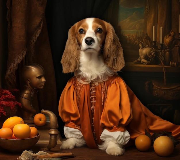 un cane è seduto davanti a un dipinto con arance e sullo sfondo una bambola.