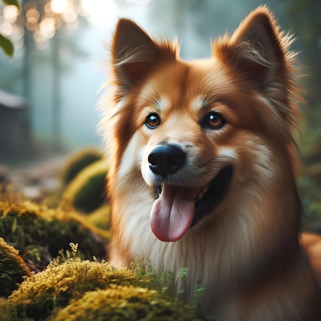 un cane è seduto nel bosco con uno sfondo di muschio verde
