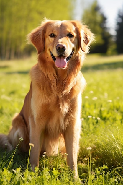 un cane è seduto nell'erba con un cane sull'erba