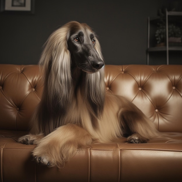 Un cane è seduto su un divano in pelle marrone con uno sfondo scuro.