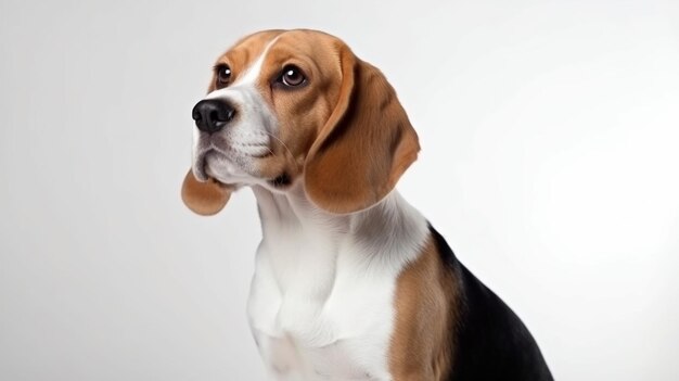 Un cane è seduto su uno sfondo bianco.