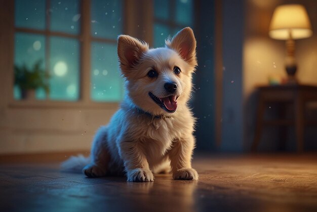 un cane è seduto sul pavimento e sta alzando lo sguardo