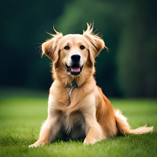 Un cane è seduto sull'erba con le orecchie alzate.