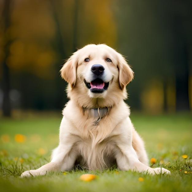 Un cane è seduto sull'erba e indossa un collare.