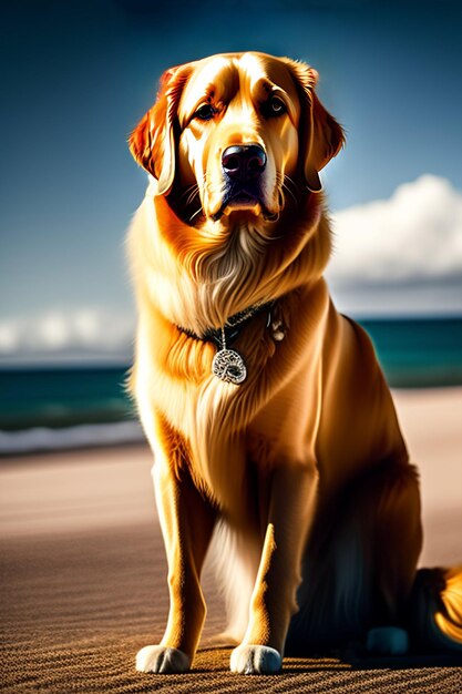 Un cane è seduto sulla spiaggia e indossa un collare con una targhetta che dice golden retriever.