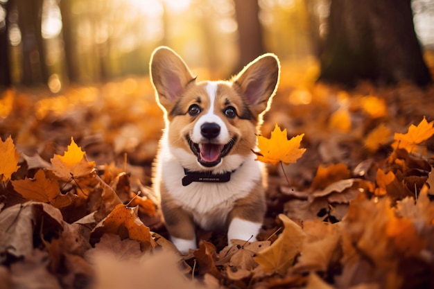 un cane è seduto tra le foglie nei boschi