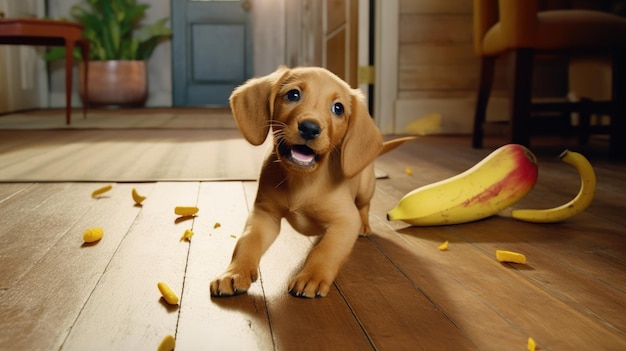 Un cane è sul pavimento con una buccia di banana.