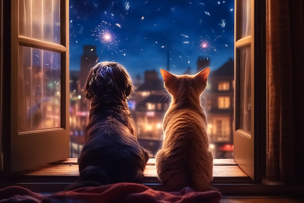 Un cane e un cane che guardano fuori dalla finestra i fuochi d'artificio