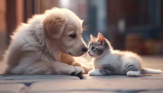 Un cane e un gattino si coccolano insieme.