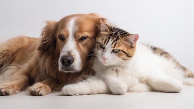 Un cane e un gatto che stringono a sé insieme su uno sfondo bianco