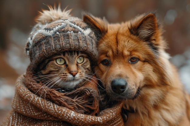 Un cane e un gatto con un cappello avvolti in un quadretto in inverno per strada L'amicizia degli animali domestici