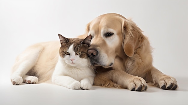 Un cane e un gatto giacciono insieme.