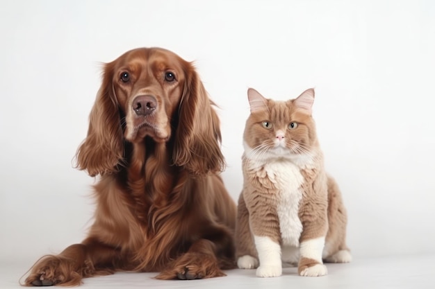 Un cane e un gatto seduti insieme con espressioni pacifiche