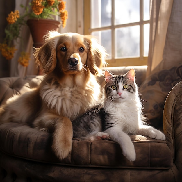 un cane e un gatto seduti su un divano di cui uno è un gatto