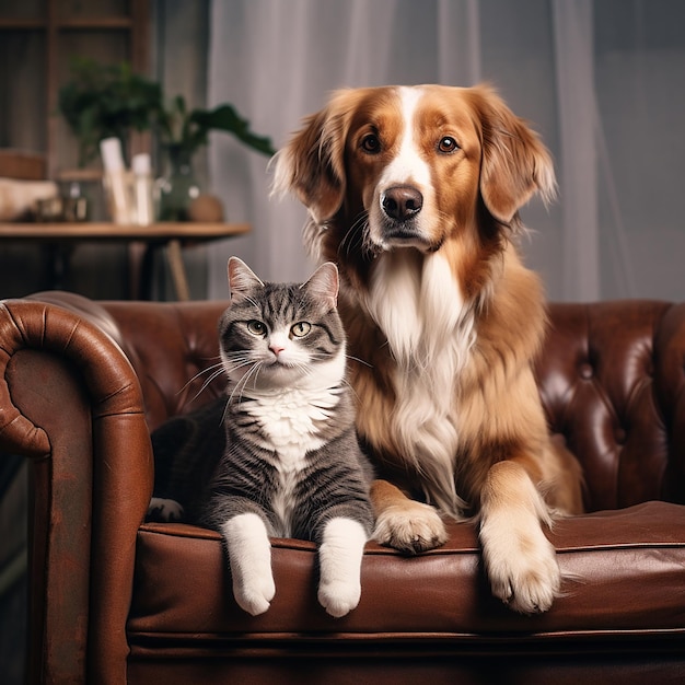 un cane e un gatto seduti su una sedia di pelle