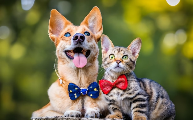 un cane e un gatto si guardano e il cane indossa un papillon.