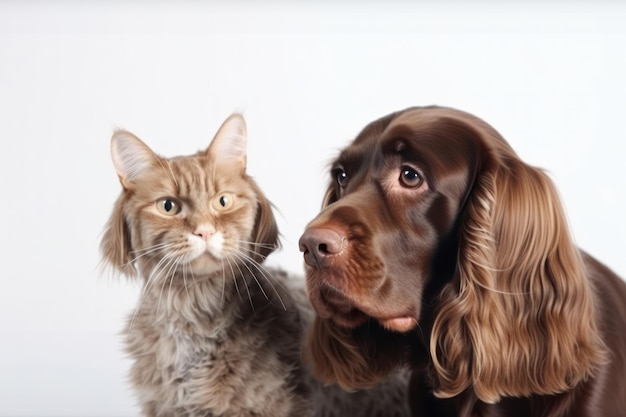 Un cane e un gatto si siedono insieme con espressioni pacifiche