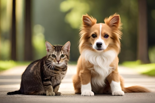 Un cane e un gatto si siedono insieme su un marciapiede.