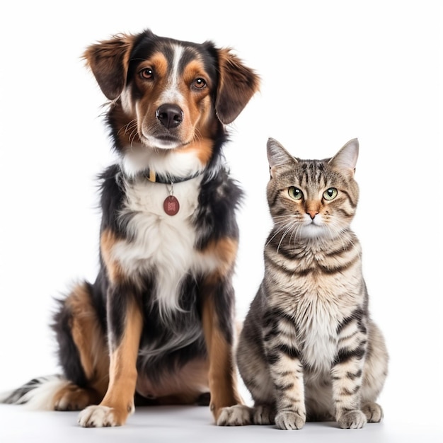 Un cane e un gatto siedono insieme su uno sfondo bianco.