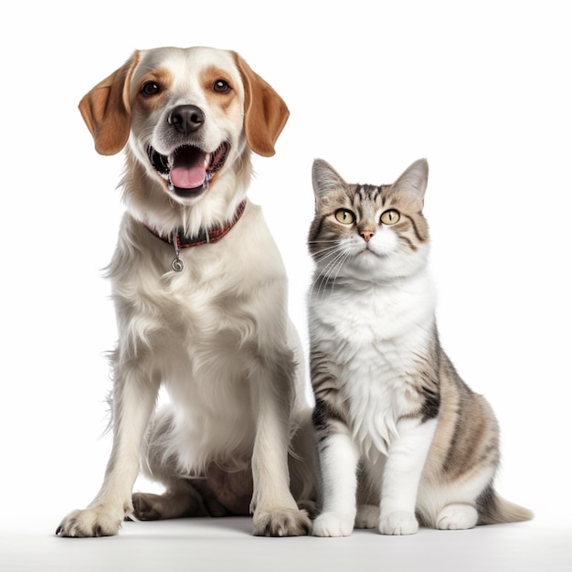 Un cane e un gatto sono seduti insieme.