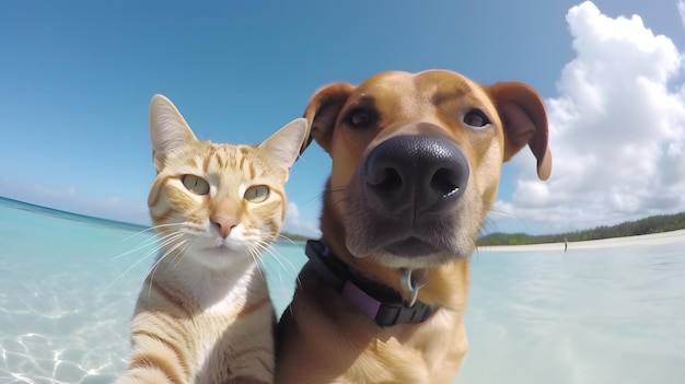 Un cane e un gatto sono seduti nell'acqua.