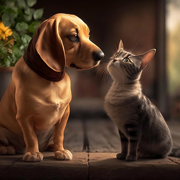 Un cane e un gatto sono seduti su un pavimento di legno.