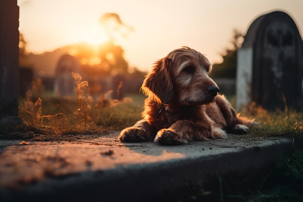 Un cane fedele e addolorato riposa accanto alla tomba del suo padrone incarnando i concetti di amicizia