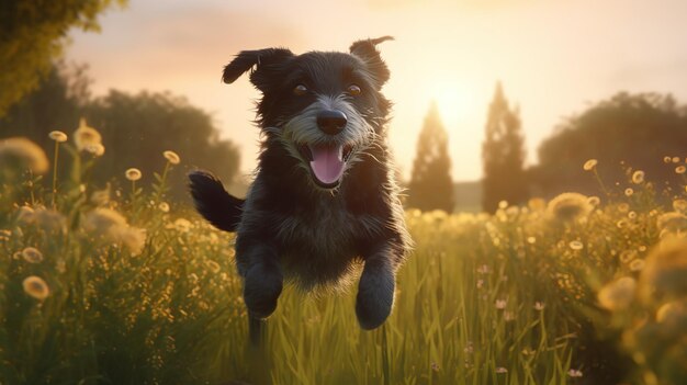 Un cane felice che salta di gioia attraverso il campo illuminato dal sole IA generativa