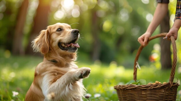 Un cane felice in piedi sulle zampe posteriori in attesa di un regalo dal cesto da picnic dei suoi proprietari