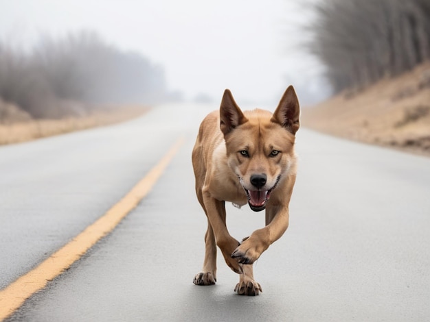 Un cane feroce insegue la sua preda lungo la strada
