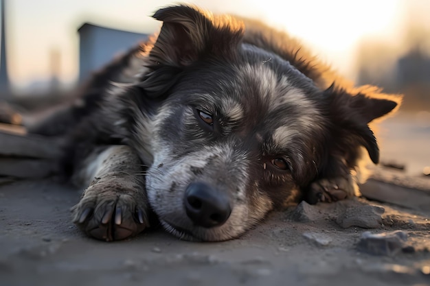 Un cane giace a terra con gli occhi chiusi.