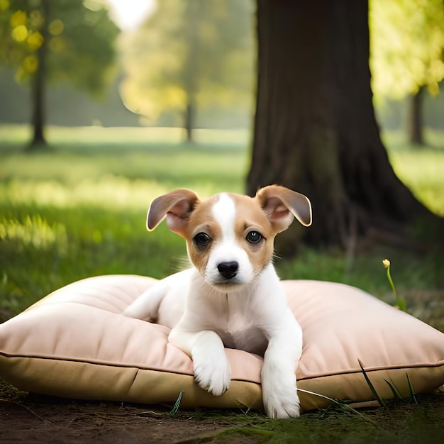 Un cane giace su un cuscino nell'erba.