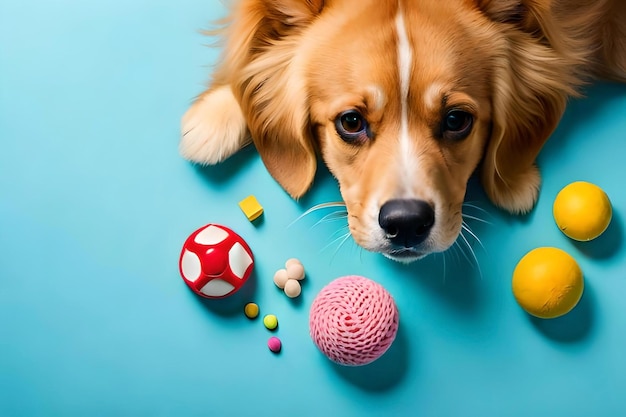 Un cane giace su una superficie blu con palle e palle.