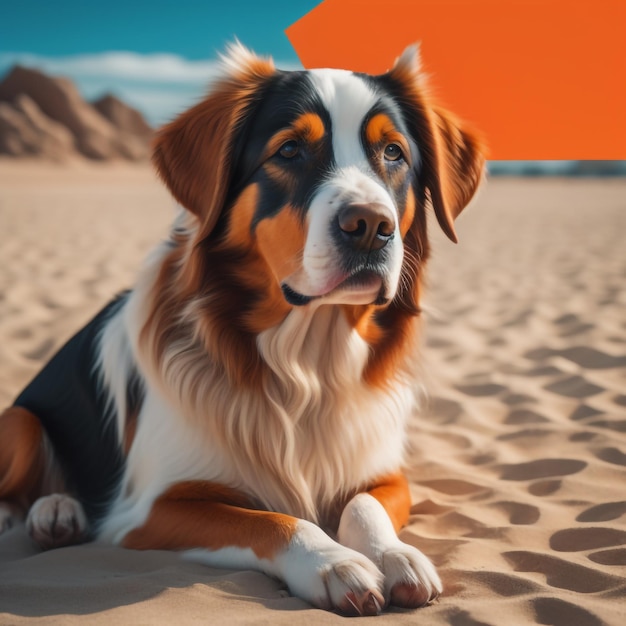 Un cane giace sulla sabbia con un tramonto sullo sfondo.