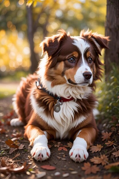 un cane giace tra le foglie di una foresta.