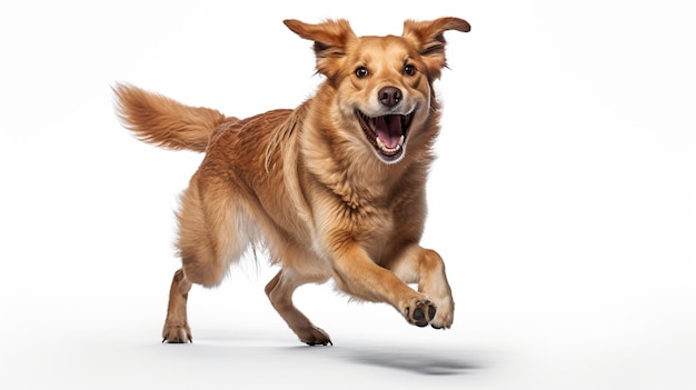 Un cane gioioso e gioioso, un animale domestico carino isolato su un'IA generativa bianca.