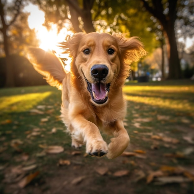 Un cane golden retriever attraversa un parco con foglie sul terreno.
