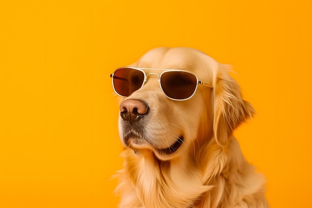 Un cane golden retriever che indossa occhiali da sole si siede davanti a uno sfondo giallo.