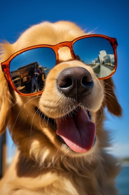 un cane golden retriever che indossa occhiali da sole sulla spiaggia